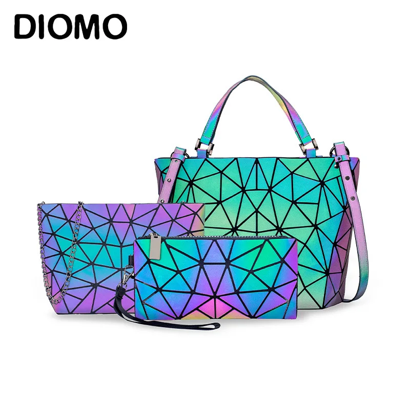 

DIOMO Women Luminous Top-Handle Bags 3 Pieces Set Shoulder Handbag Luxury Designer Female Crossbody Bag with Wallet for Ladies