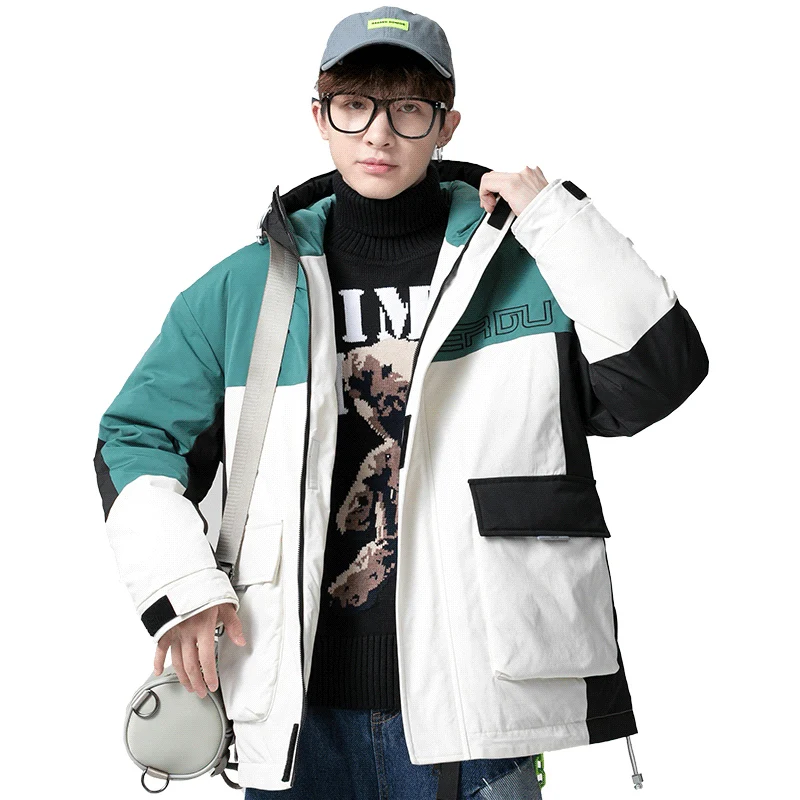 Fashion Winter Mens Loose Hooded White Duck Down Jackets Warm Cargo Puffer Coat Hip Hop Thick Parkas Outwear Youth Tops Clothing