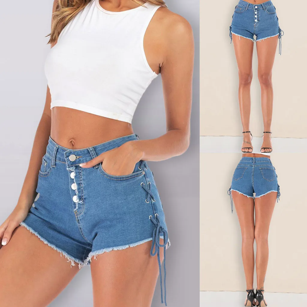 

Fashion Women Pull-on Distressed Denim Joggers Elastic Waist Stretch Rope trim Shorts high elasticity Trousers Female jeans 41*