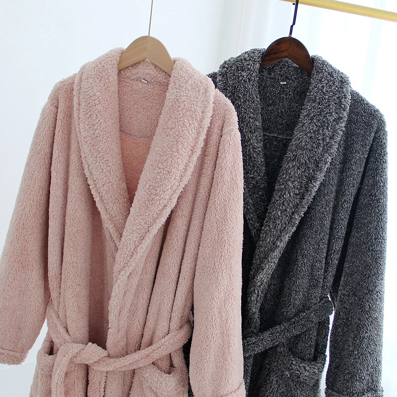 

Autumn Winter Ladies Night Gown Coral Fleece Couple Bathrobe Men Thick Long Sleepwear Flannel Warm Morning Robe Lounge Wear