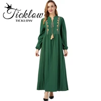 2021 new summer long dress womens xl green retro v neck embroidery stitching long banquet elegant flared party robe