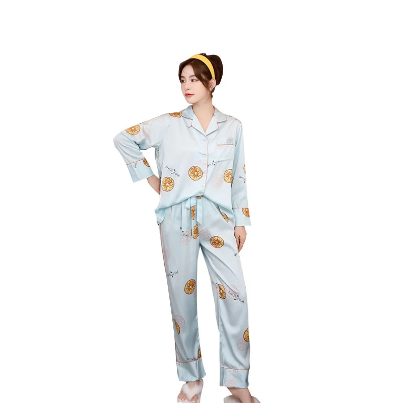 

Spring Autumn New Satin Sleepwear Lapel Lady Home Wear Women Loose Thin Nightwear Long Sleeve Pijamas Suit Casual Pajamas Set