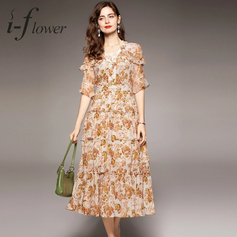 

100% Natural Silk Mulberry Dress for Women 2022 Summer Elegant Printing Midi Dress A-Line V Neck Beading Floral Robe