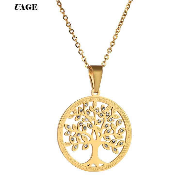 UAGE горячее Дерево жизни кристалл круглый маленький кулон ожерелье Золото