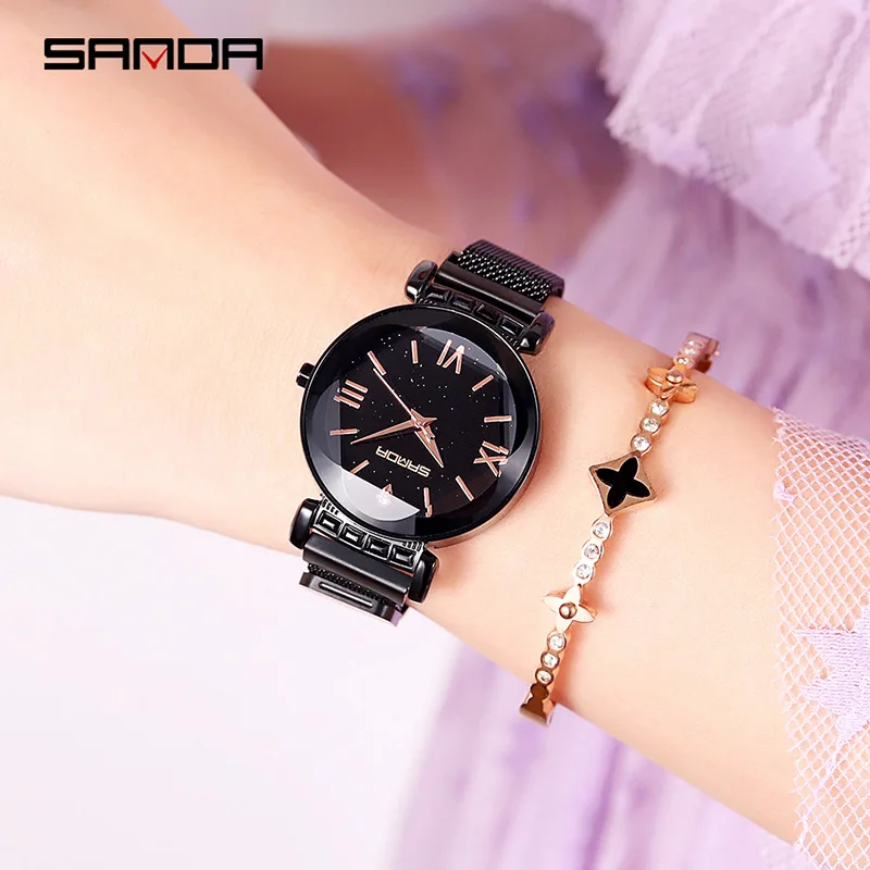 

Sanda Normcore Style Women's Watch Fashionable Starry Diamond Watch Women's Iron-Absorbing Strap Lazy Quartz Watch