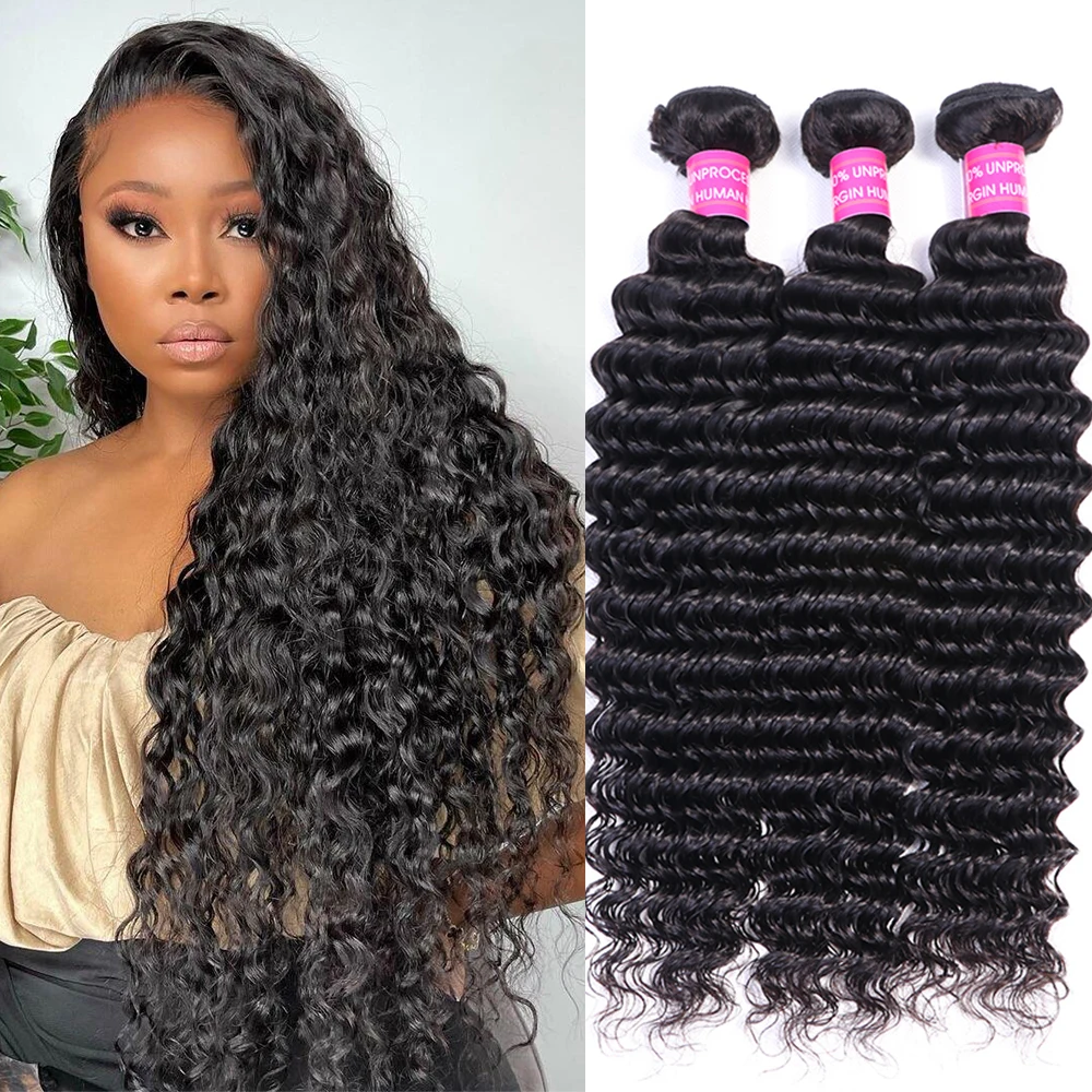 

30 inches Deep Wave Bundles Hair Weaving extension 8-30 inches double weft long deep curly wave Braizilan Bundles Hair