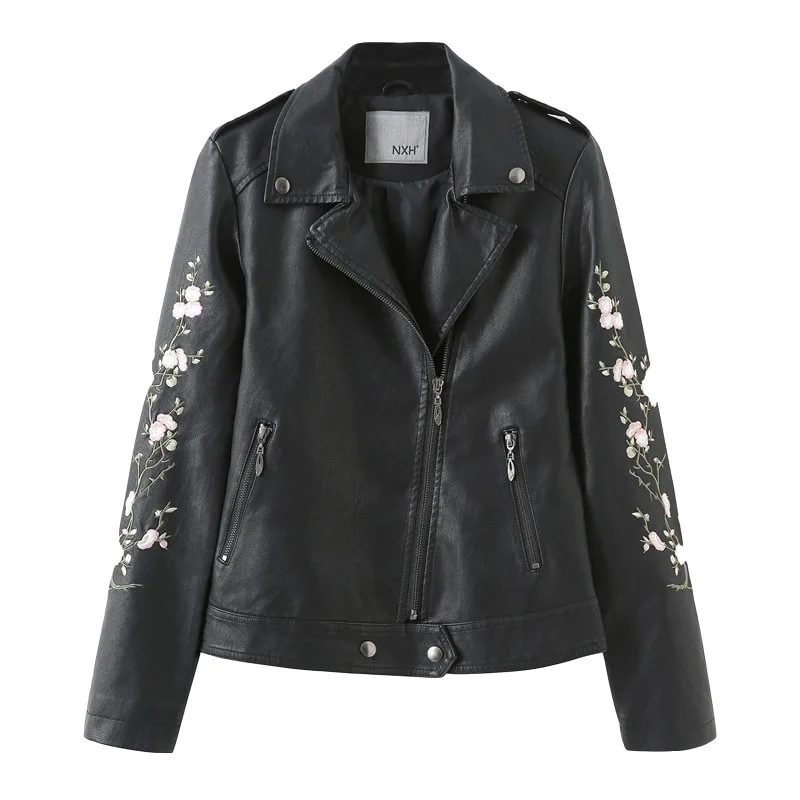 

Embroidery Flower Floral PU Faux Leather Jackets Women Vintage Slim Gothic Spring Autumn Black Long Sleeve Basic Coats Plus Size