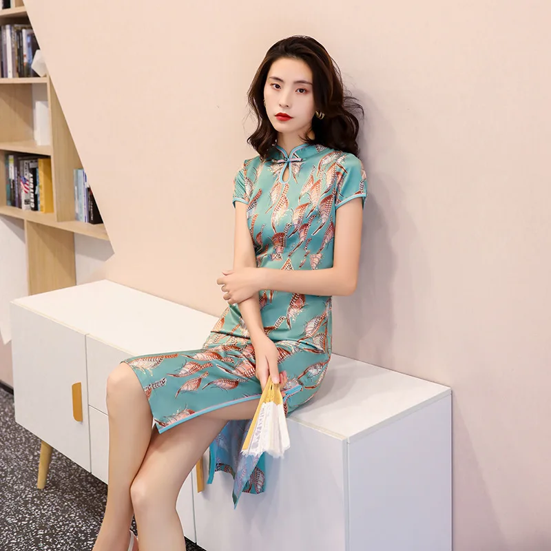 

Women Blue Knee-length Oriental Style Dresses Party Reception Chinese Modern Cheongsam Dress 4XL Plus Size
