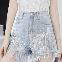 new high waist slim body fringed ripped beaded sequin wide leg blue jeans shorts female 2021 summer hot denim shorts indie
