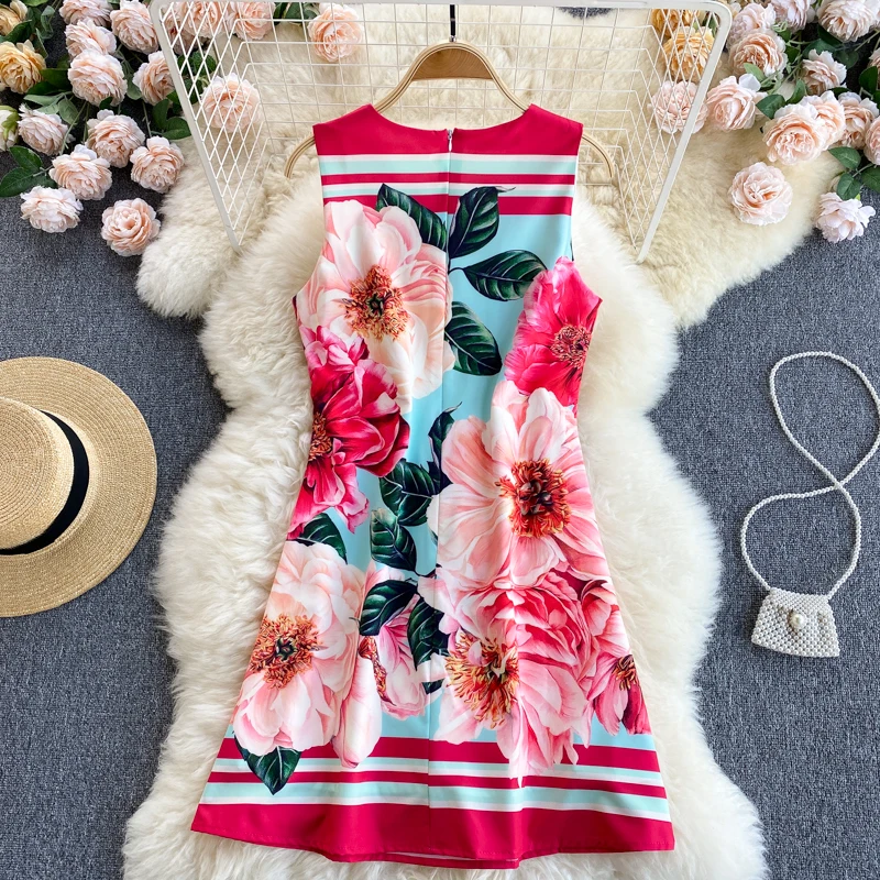 

Europe Fashion Summer Clothes for Women 2021 New Runway Designer O Neck Sleeveless Floral Print Casual Tank Dress Sweet Vestidos