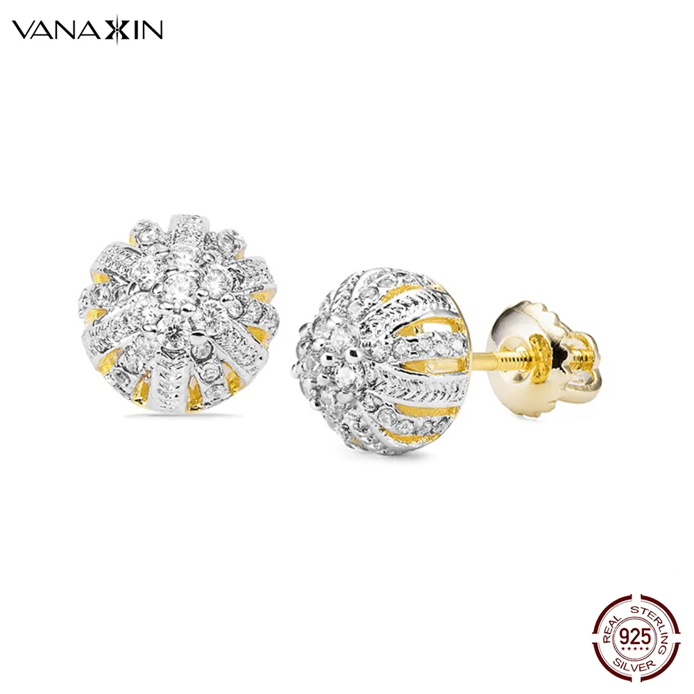 Купи VANAXIN Fashion Sterling Silver Jewelry Stud Earrings Flower Gold Color Cubic Zirconia Earring for Women Girl Free Box за 1,296 рублей в магазине AliExpress