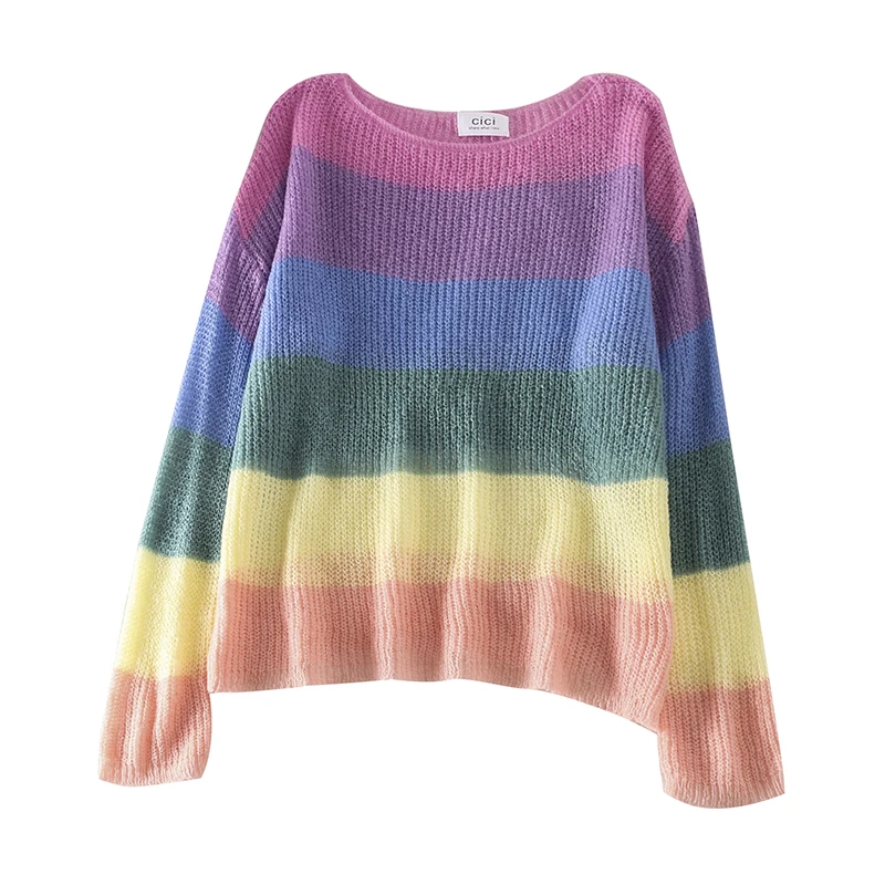 

Autumn Women Rainbow Striped Sweater Women Long Sleeve O-Neck Knitted Pullovers Femme Colorful Harajuku Sweaters Girls