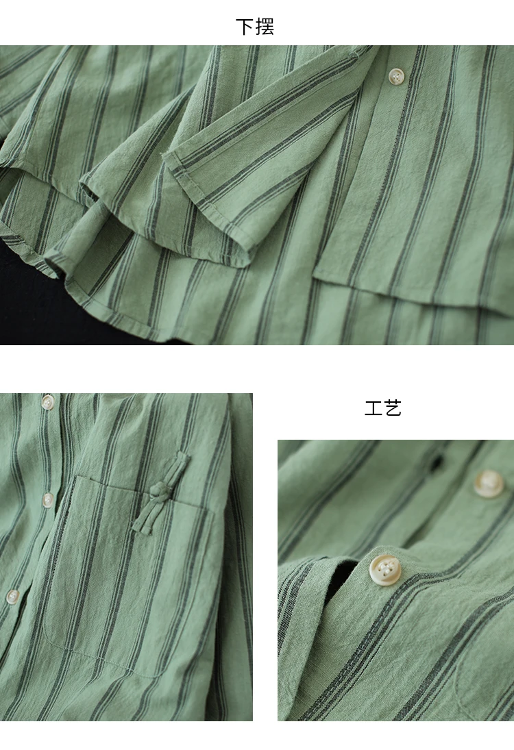 

2020 New autumn Women Blouse Cotton linen Stripe Turndown Collar Shirt Women vintage Loose Long Sleeve Tops