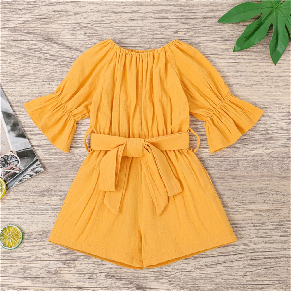 

6M-4T Baby Girl Kids Romper Comfortable Cotton Toddler Solid Color Short Flare Sleeve Waist Belt Clothing Yellow/Pink/Wine Red