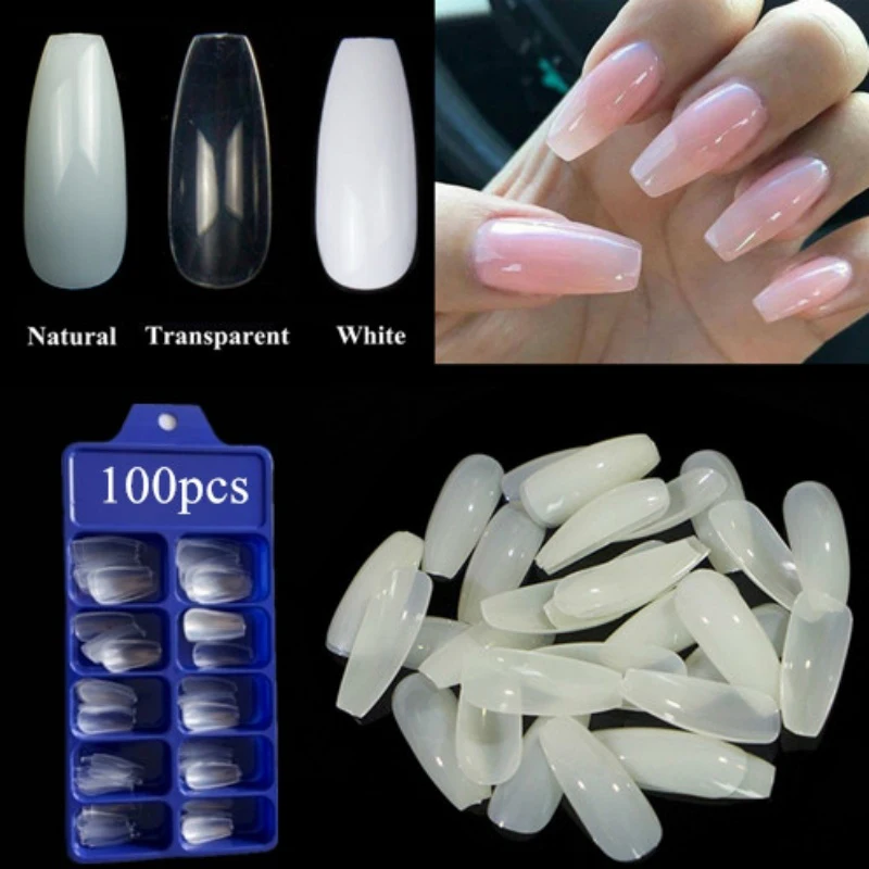 

100 Pcs Fake Nails Transparent Natural White Fake Nail Tips Flat Full Cover Manicure False Nail Tips For Ballerina