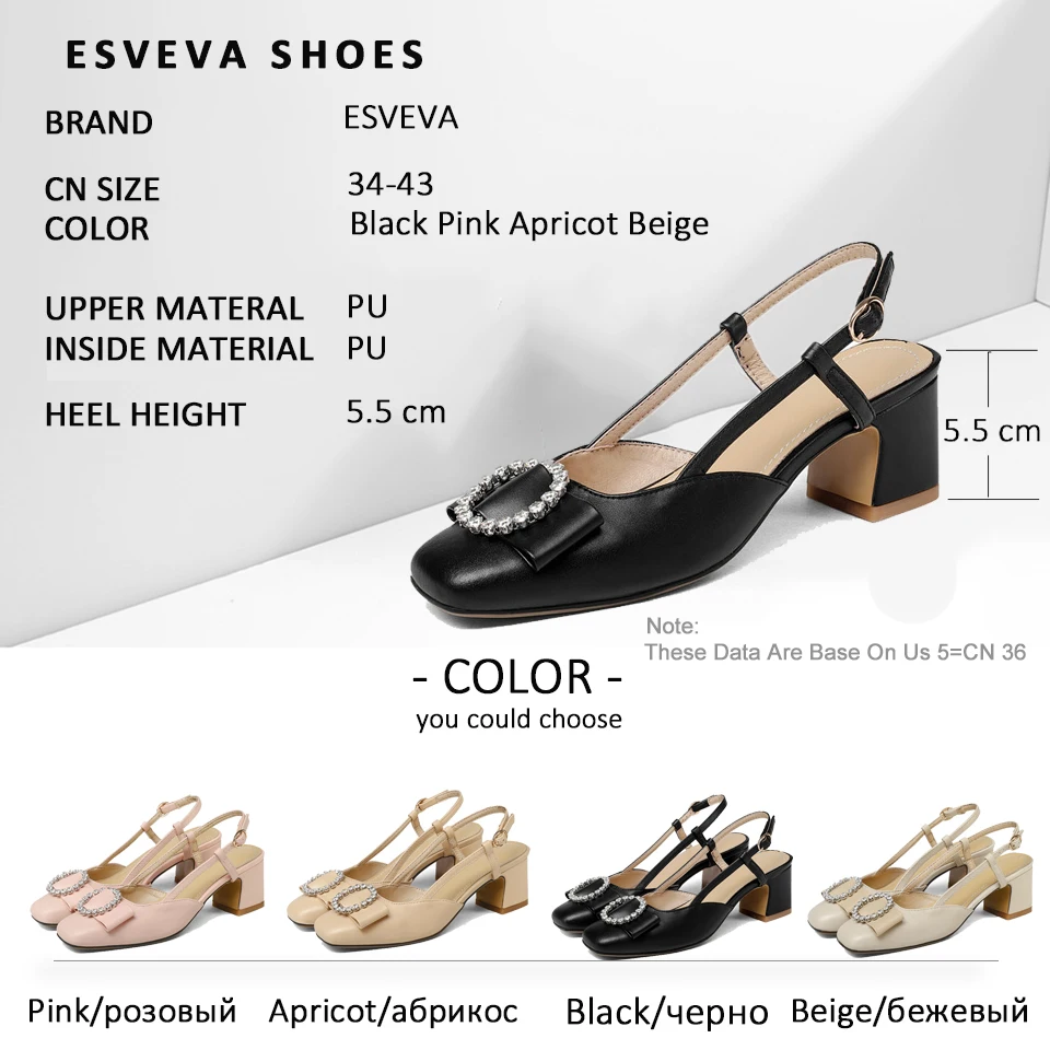 

ESVEVA 2018 Women Pumps Shoes High Heels PU Crystal Square Heels Sweet Style Square Toe Buckle Slingbacks Women Shoes Size 34-43