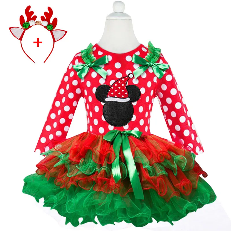 Green Polka Dot Christmas Dress Tutu Party Costume New Year Princess Winter Long Sleeves Children's Clothing | Детская одежда и