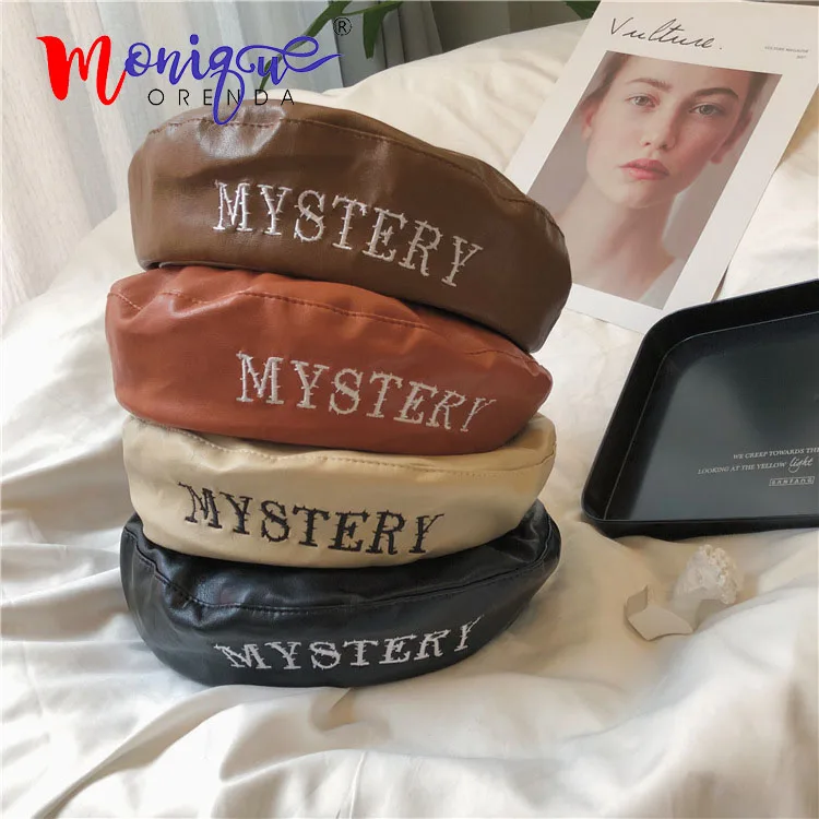 Mystery для женщин осень зима искусственная кожа берет кепки Новая мода стиль