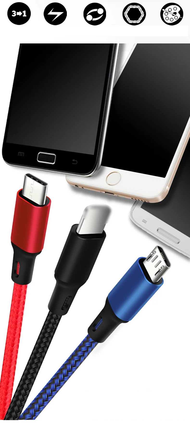3 в 1 USB кабель Быстрая зарядка кабель для передачи данных для iPhone XS Max XR X 8 7 кабель зарядного устройства микро-usb type-c кабель для samsung S9 s8 нейлон