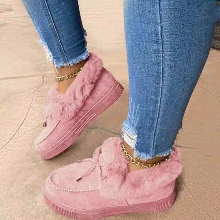

Winter Women Cotton Shoes 2021 New Ladies Bowknot Plush Warm Snow Boots Casual Solid Color Flat Short Boots Furry Snow Shoes