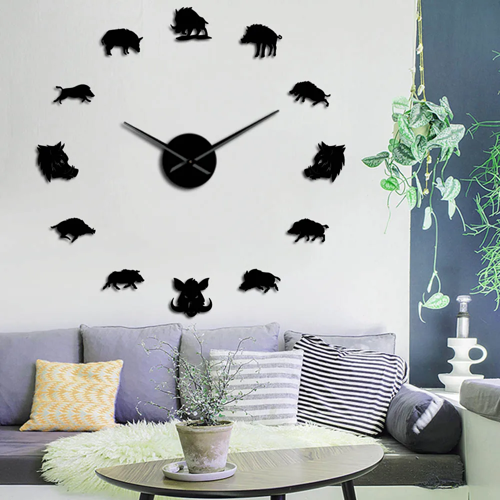 Sus Scrofa кабан фигурки настенные художественные зеркальные наклейки DIY гигантские настенные часы Дикая свинья большие подвесные часы настенные часы Охотник подарки