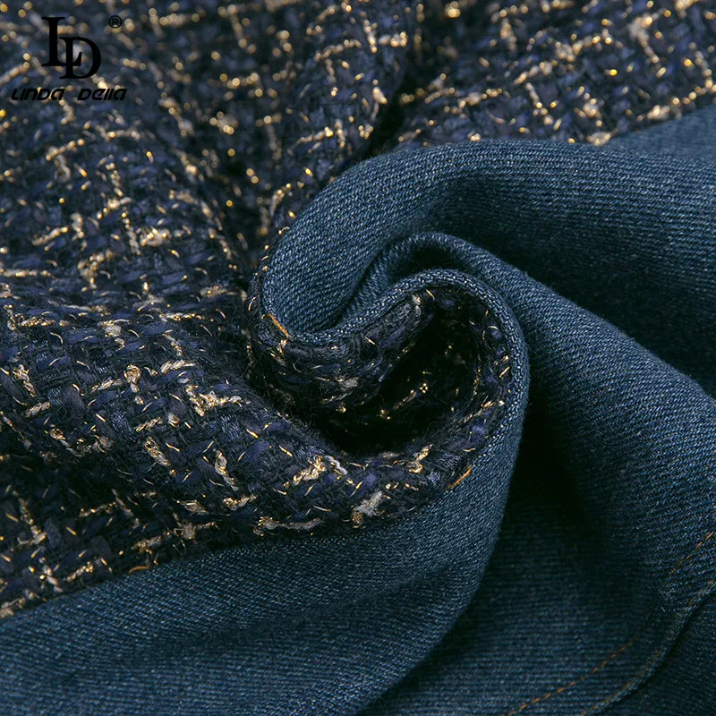 

LD LINDA DELLA Runway Sprint And Autumn Plaid Tweed Dress Women Long Sleeve Pockets Tassel Denim Patchwork Ladies Midi Dress