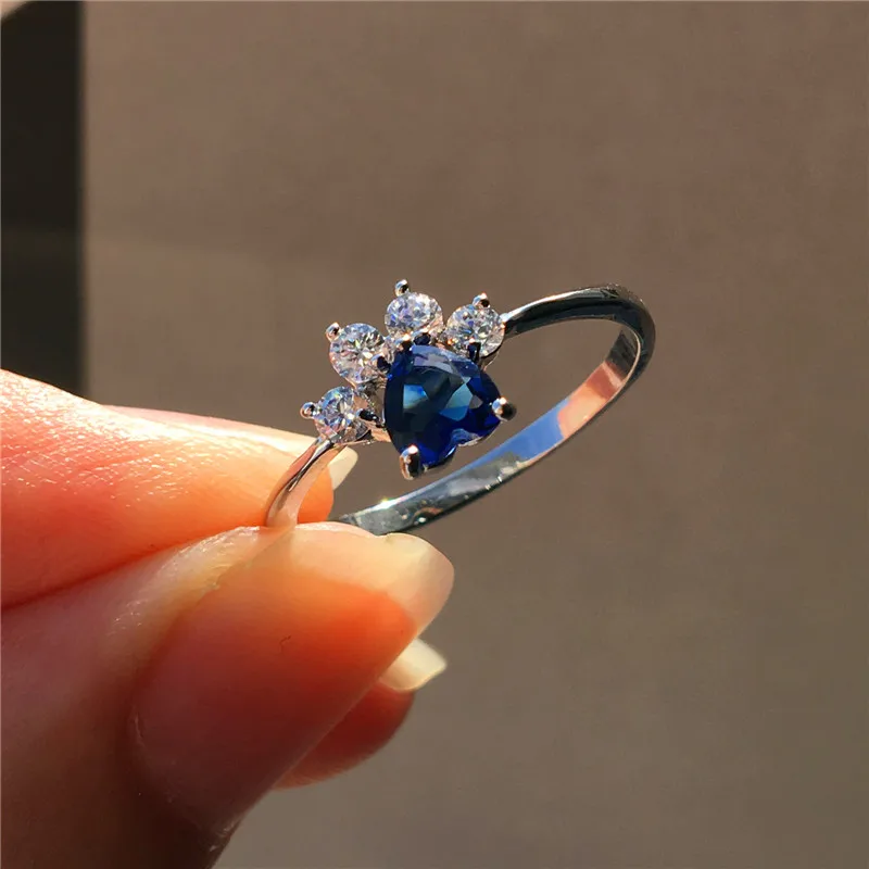 Blue Милое женское кольцо с зеленым синим цирконием, модное серебряное кольцо с собачкой, кошкой, медведем, лапой, когтями, сердце, обручальное кольцо для женщин - Цвет основного камня: Blue