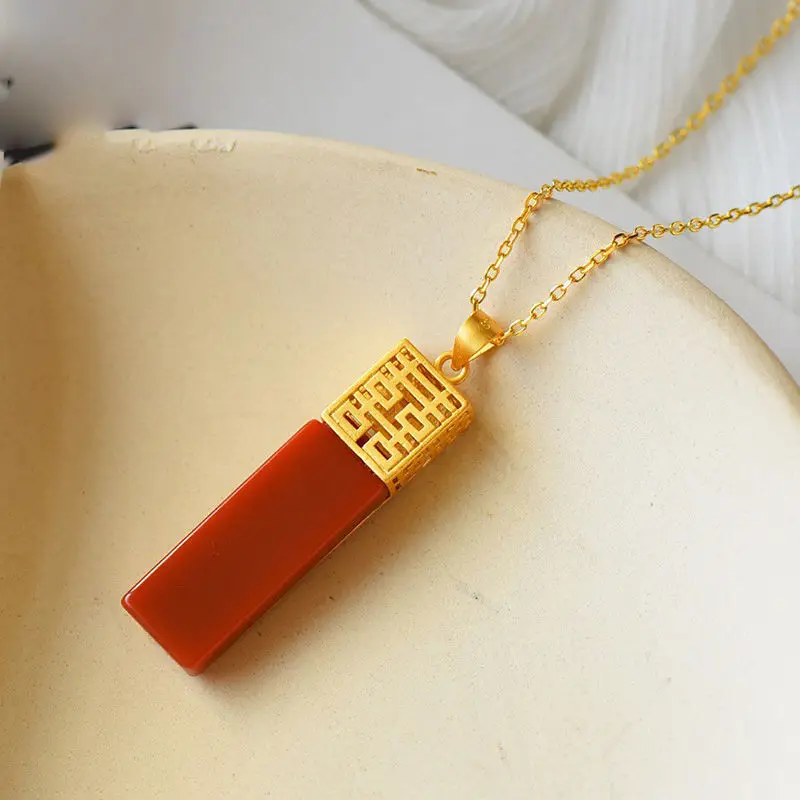 

Women's New Chinese Necklace S925 Silver Inlaid Southern Red Agate Lucky Pendant Pendant Vintage Double Happiness Clavicle Chain