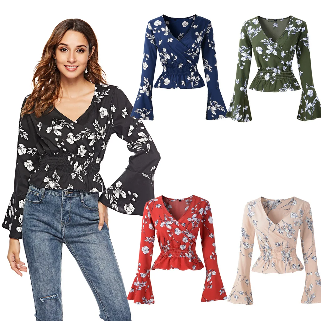 

Women Floral Shirts V-neck Printed Ruffled Long-sleeved Chiffon Shirt Top Blouse