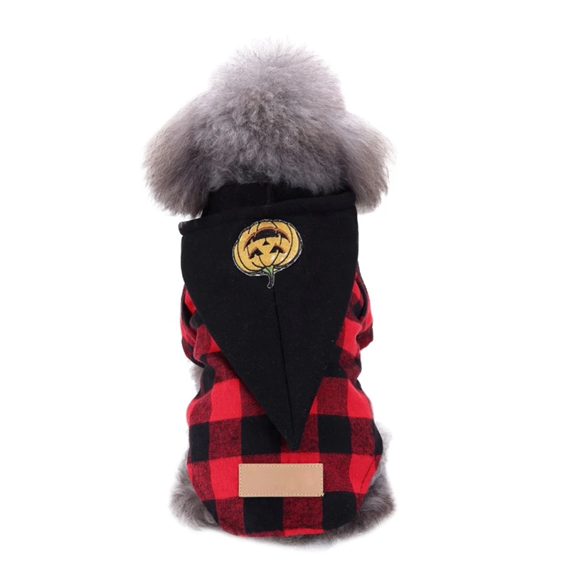 

G Cute Red And Black Plaids Clothes Pet Dog Halloween Coat Cosplay Set For Small And Medium Dogs Funny Pumpkin Hat Plaids Jacket