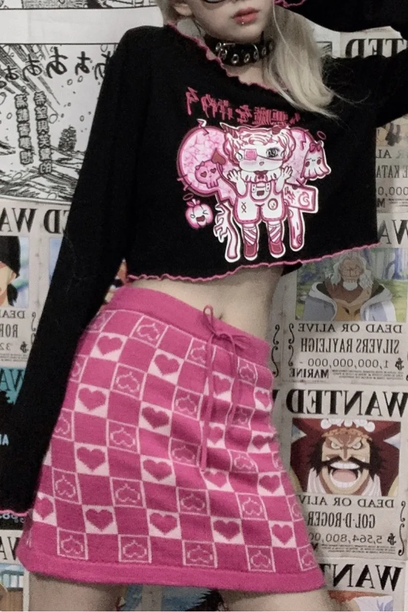 

WHOHOLL Short T-shirt Female Spring Gothic Punk Dark Girl Print Long Sleeve Harajuku Tshirts Black Loose Crop Top Fashion