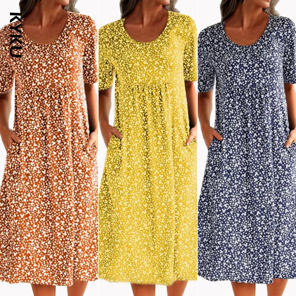 

Women Printed O-neck Dress Short Sleeve A-Line Knee Length Pleated Dresses For Woman Summer Dress Women Casual Cotton Dress