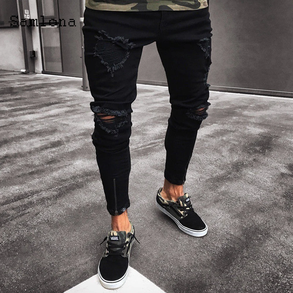 2021 European and American style Men's Fashion Jeans Casual Skinny Trousers Patchwork Hole Ripped Motorcycle Hip Hop Denim pants