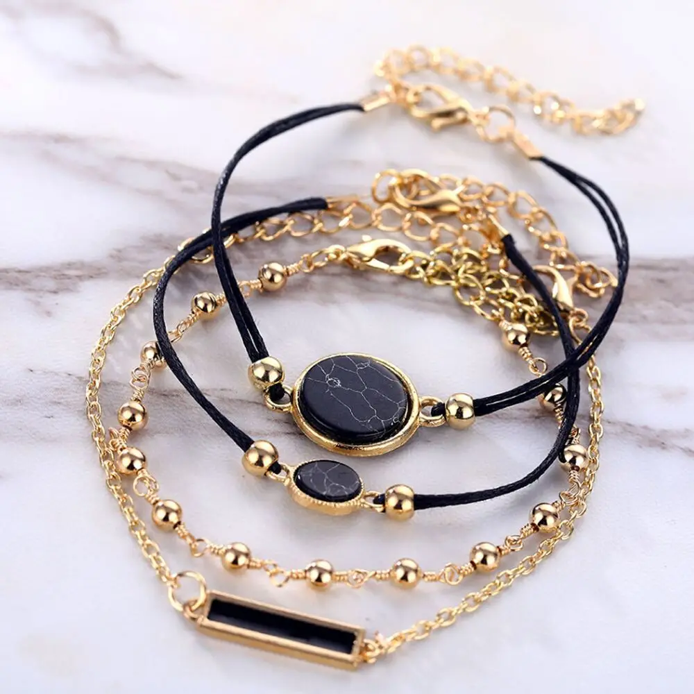 4 шт./компл. Бохо круглые мраморные браслеты и для женщин в богемном стиле черные