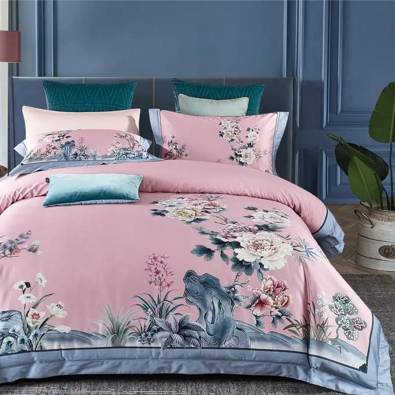 Pink Long-staple Cotton Bedding Set Chinese classical style Bed flowers Duvet Cover/sheet/pillowcase Queen/King Size | Дом и сад