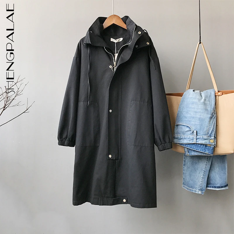 

SHENGPALAE fashion Caramel trench coat women's autumn 2021 new laple loose zipper long sleeve hooded windbreaker female 5E3501