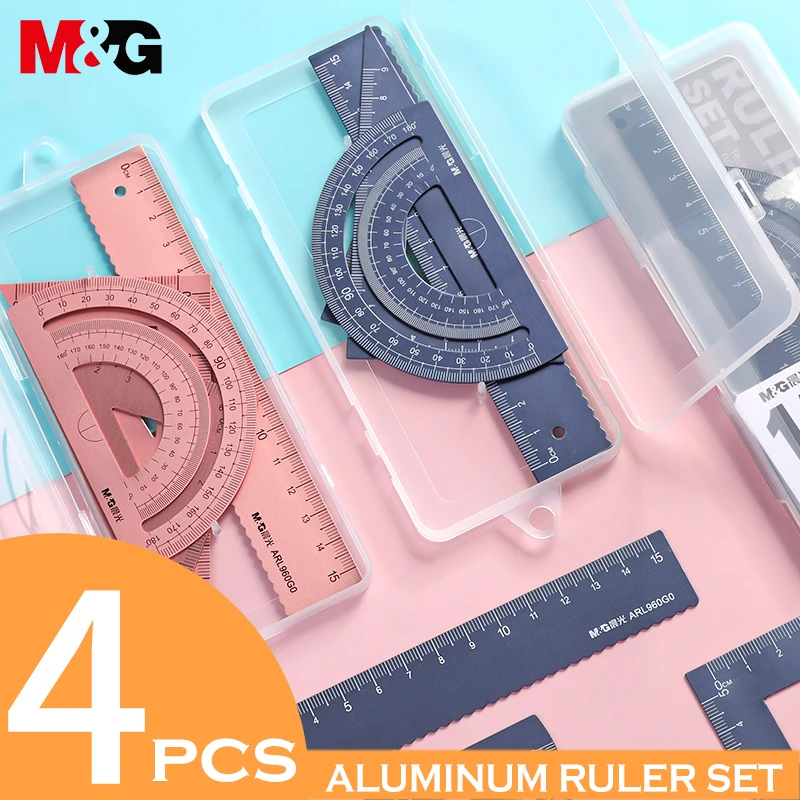 M&G Aluminium Ruler Set 4pcs/set Metal Geometry Maths Drawing compass stationery Rulers mathematical for School