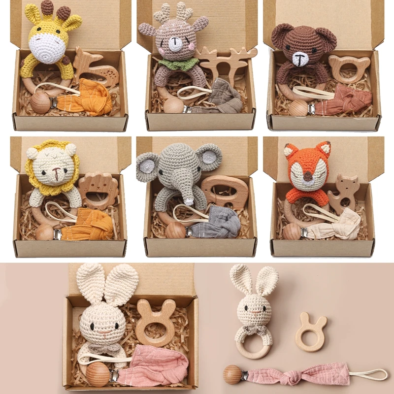 3pcs Baby Crochet Rattle Set Animal Beech Wood Teether Cotton Pacifier Chain Crochet Rattle With Bell Montessori Educational Toy