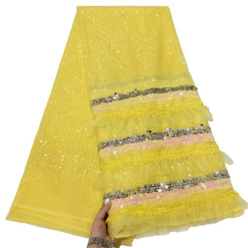 

Желтый африканский тюль, кружевная ткань 2021, нигерийское высококачественное кружево, французский тюль, свадебная кружевная ткань с блестками и жемчугом