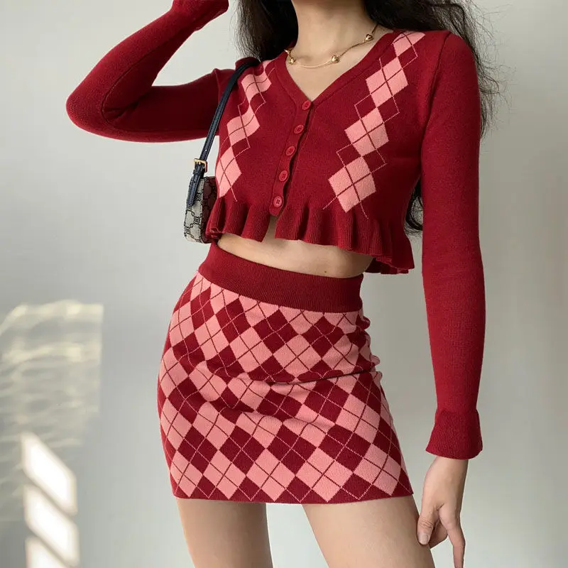 

Argyle Plaid Ruffle Knitted Women Sets Full Sleeve Co-ords Crop Top Mini Skirt Suits 2 Piece Slim Red Blue Clothing Outfits Fall