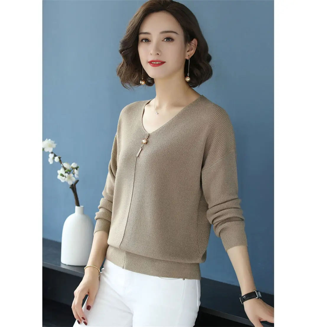Women Sweater Thin Knitted V-neck Fashion Jumpers Solid Color Beaded Fringed Long Sleeve Pullovers Sweaters Female 2021 Spring | Женская