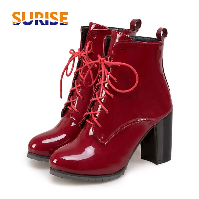 Большие размеры Женские Ботинки Martin Цвет Красный Лакированная кожа Шнуровка