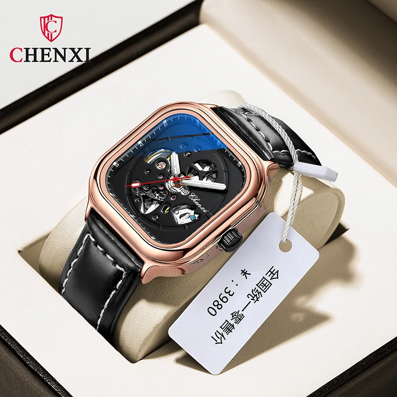 

CHENXI Waterproof Hardlex Mirror Watches Men Hollow-carved Square Casual Automatic Mechanical Man's Wristwatch Luminous