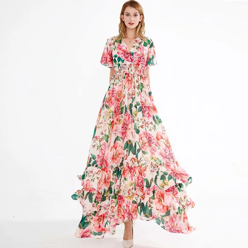 

Women's Runway Dresses Sexy V Neck Short Flare Sleeves Floral Printed Tiered Ruffles Fashion Elegant Prom Long Dresses