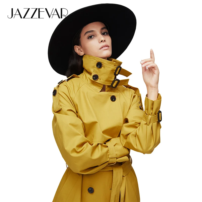 JAZZEVAR 2022 New Autumn Top Trench Coat Women Double Breasted Long Outerwear for Lady High Quality Overcoat  Windbreaker
