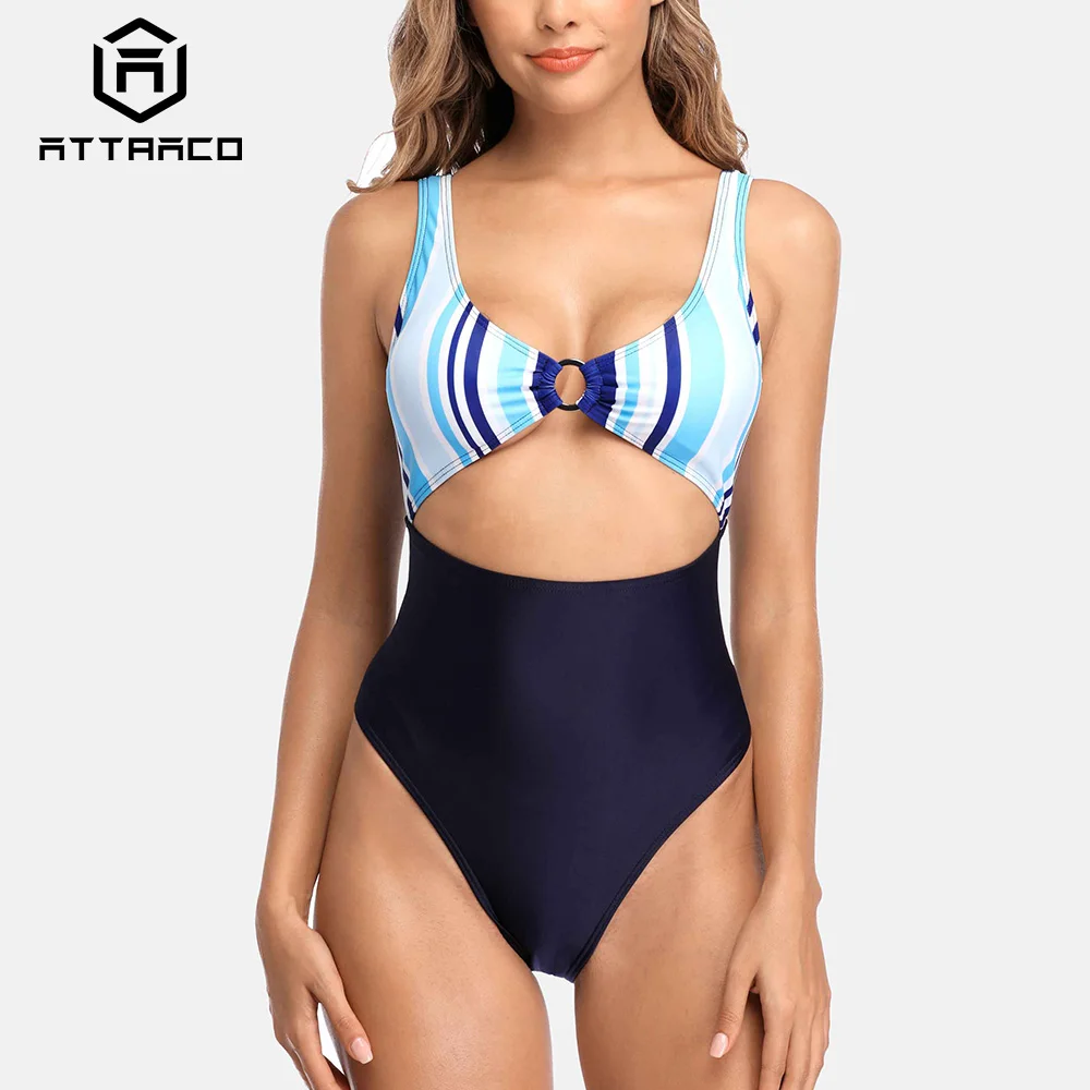 

Attraco Women Monokini Swimsuit Swimwear One-piece Back cross Colorblock Print V-Neck Sexy Bathing Suit Beachwear