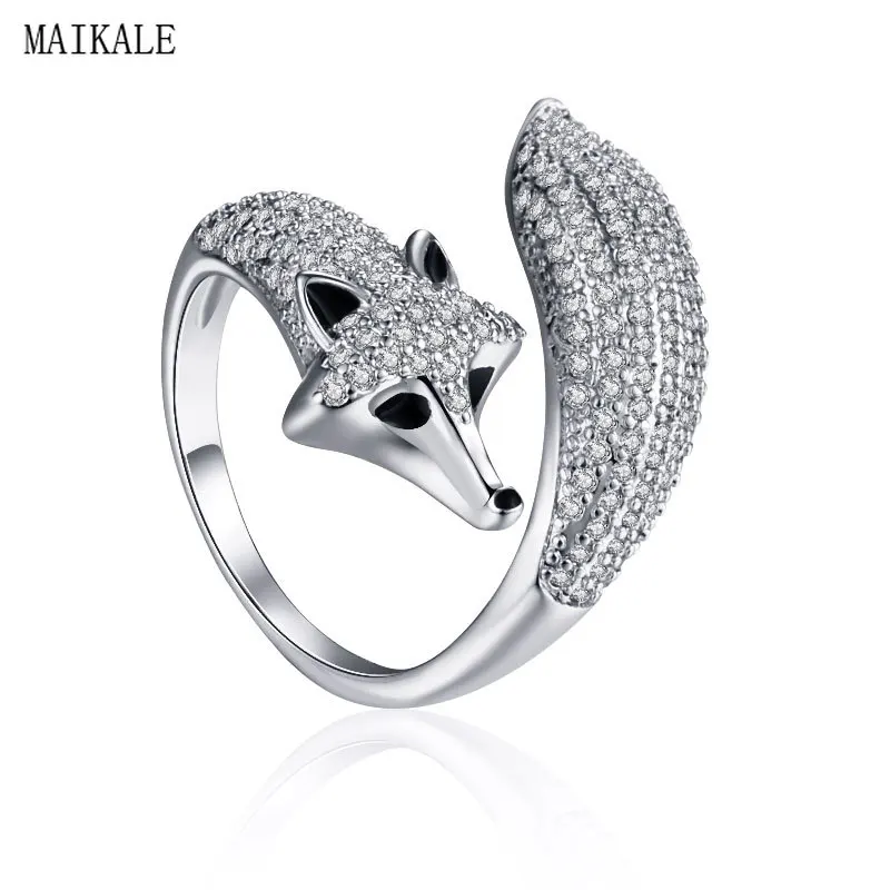 MAIKALE, очаровательные Регулируемые кольца с лисой для женщин, фианит, Открытое кольцо, золото, серебро, цвет, браслет на палец, корейская мода, ювелирные изделия, подарки