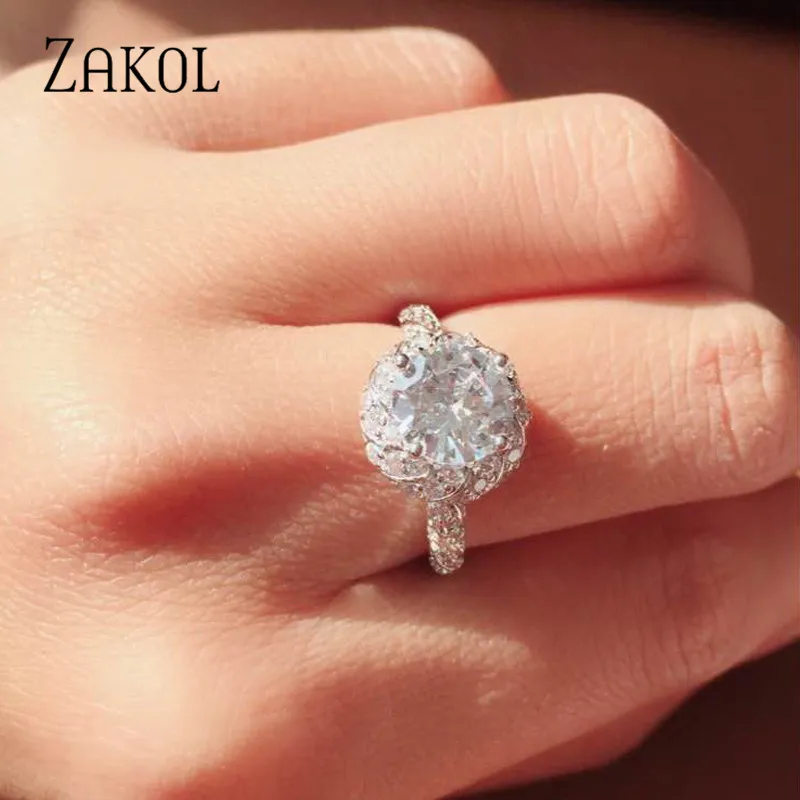 Модное женское обручальное кольцо ZAKOL сверкающее идеальное с круглым цирконом
