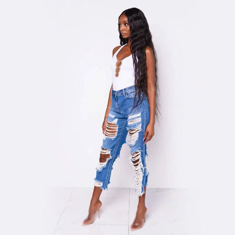 

Women's summer ankle length distressed destroy washed big tassel holes new sexy jeans fashion summer high street straight jeans