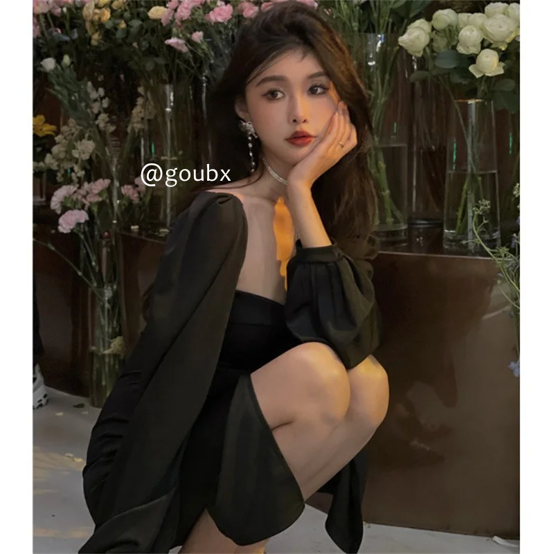 

2021 Autumn Design Black Dress Women's French Retro Hot Girl Dress Rac